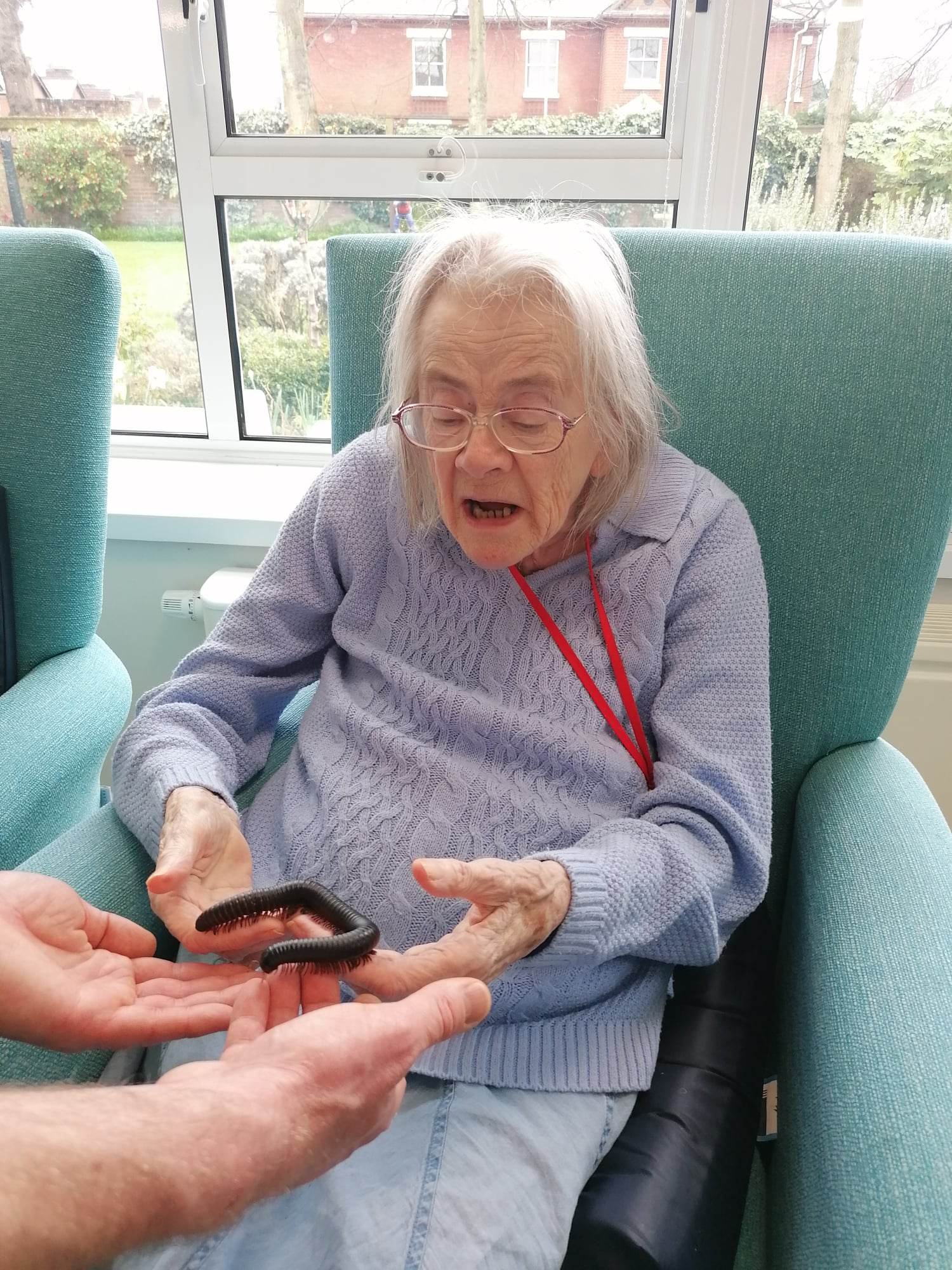 A resident holding a giant millipede in a bright sunny room.