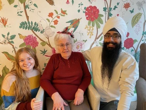 Norma, resident at norwich care home Corton House, with penpals asha and sehaj