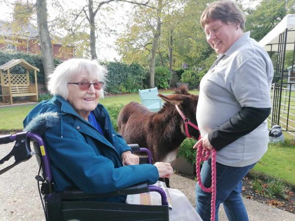 A smiling resident looks at the camera while greeting a mini donkey