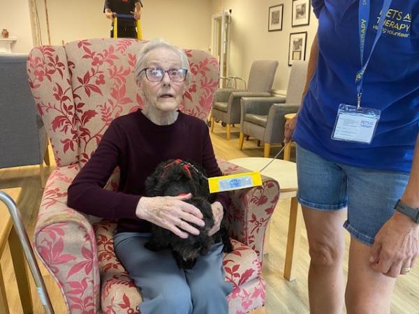 A seated resident strokes a therapy dog on her lap.