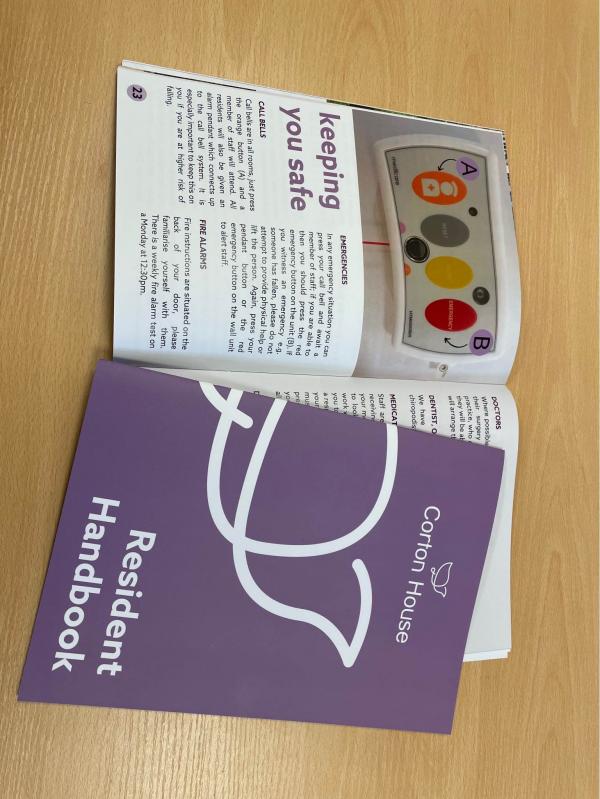 Corton House residents' handbook open at a page called Keeping You Safe