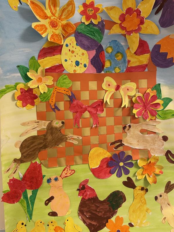 Easter collage created by residents at Corton House featuring a basket, rabbits
