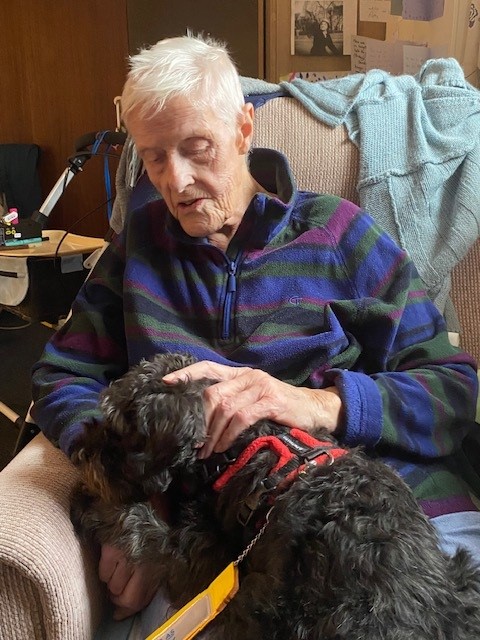 Therapy dog Billy visits a resident in their room.