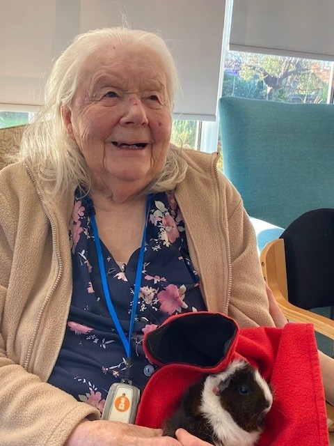 a smiling resident cuddles a guinea pig visiting corton house care home